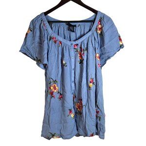 Liv LA Blue Floral Embroidered Short Sleeve Button Front Boho Blouse Size XL NWT